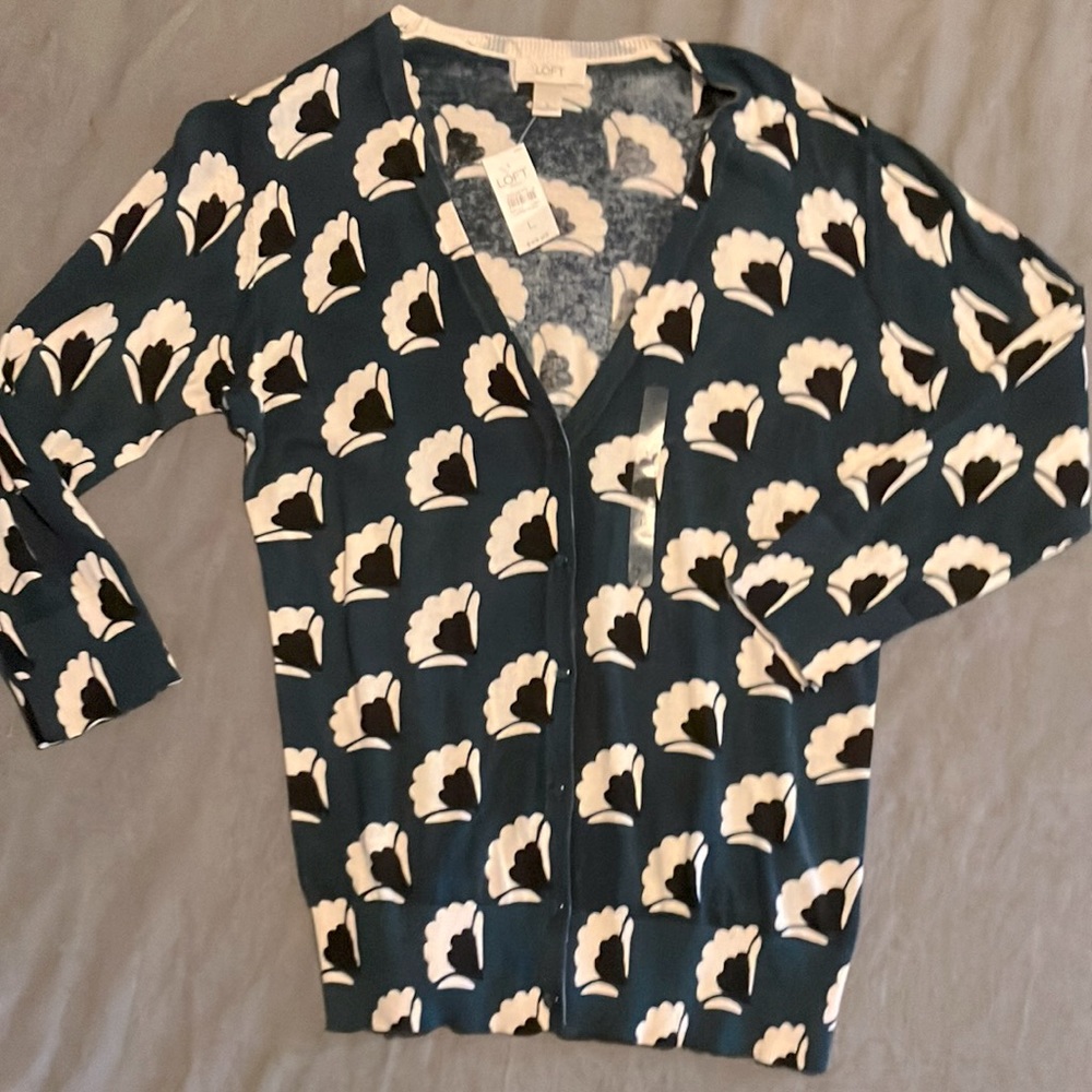 Ann Taylor Loft Cardigan Button Down Sweater Green Floral Print Lg